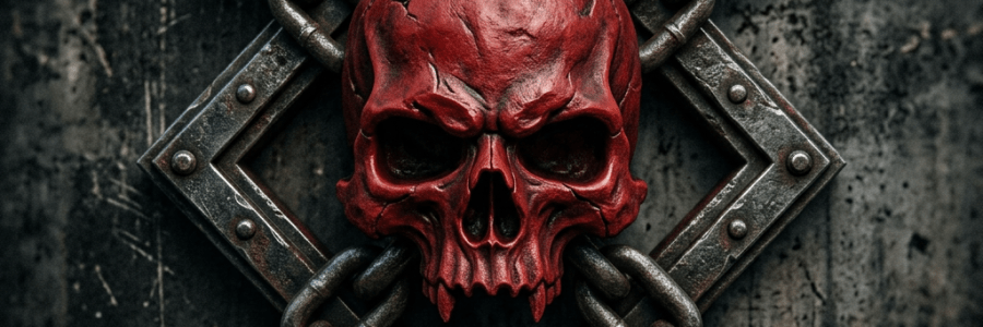 Red skull attached to metal diamond frame with crossed chains