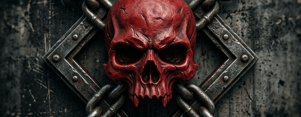 Red skull attached to metal diamond frame with crossed chains