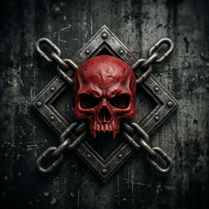 Red skull attached to metal diamond frame with crossed chains