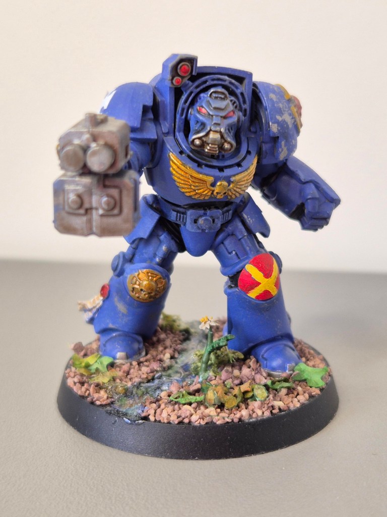 Miniatura di un soldato spaziale con armatura blu, che impugna un'arma e presenta dettagli dorati e rossi. Base decorata con ciottoli e vegetazione.