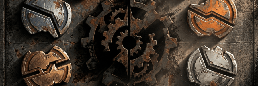 Ten colored broken emblems surrounding a central gear mechanism