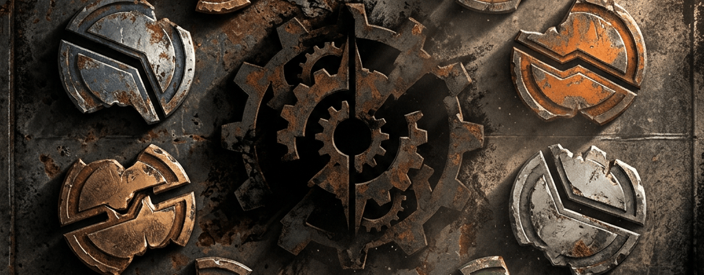 Ten colored broken emblems surrounding a central gear mechanism